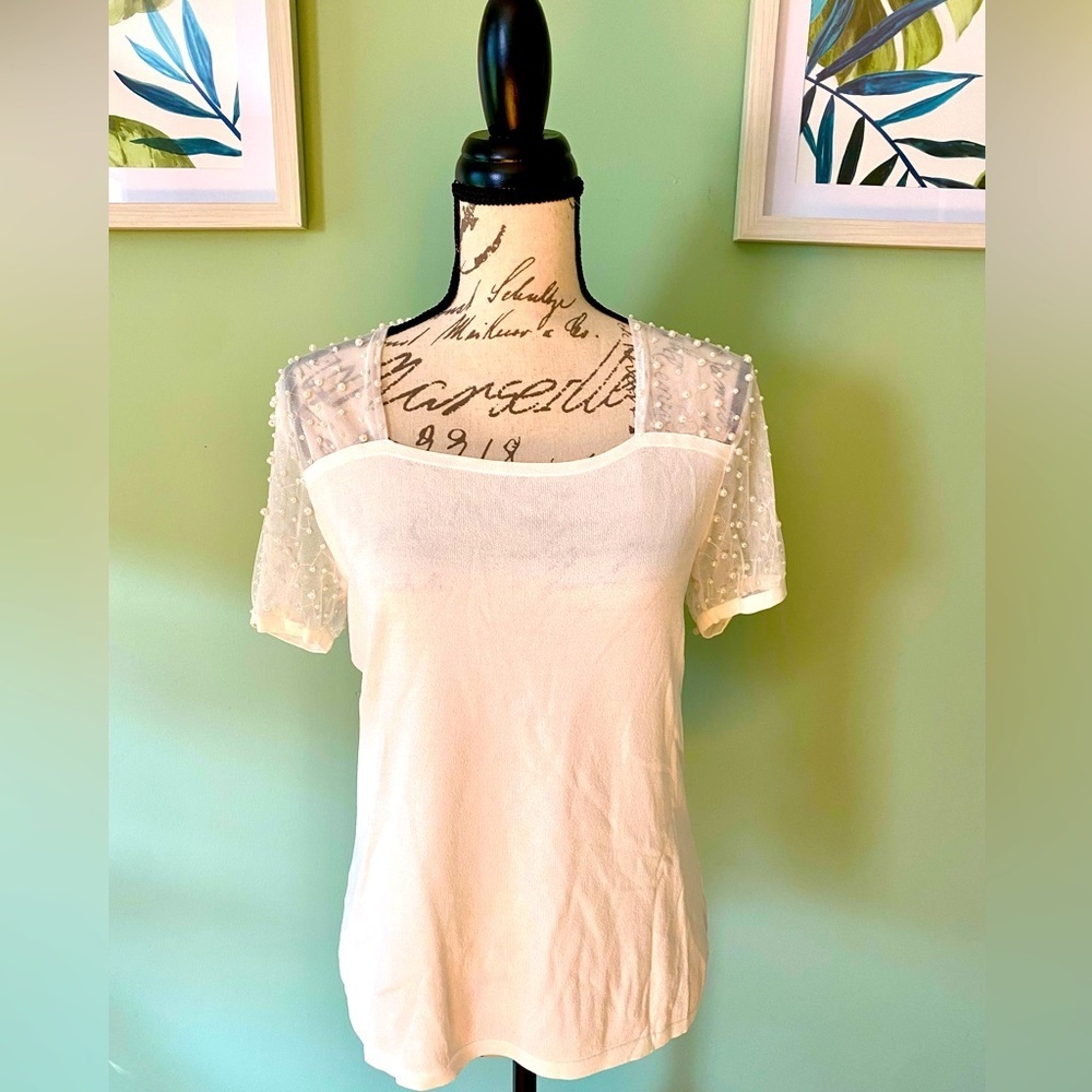 NEW - Elegant Sheer Sleeve Top with Faux Pearl Detailing Size Large